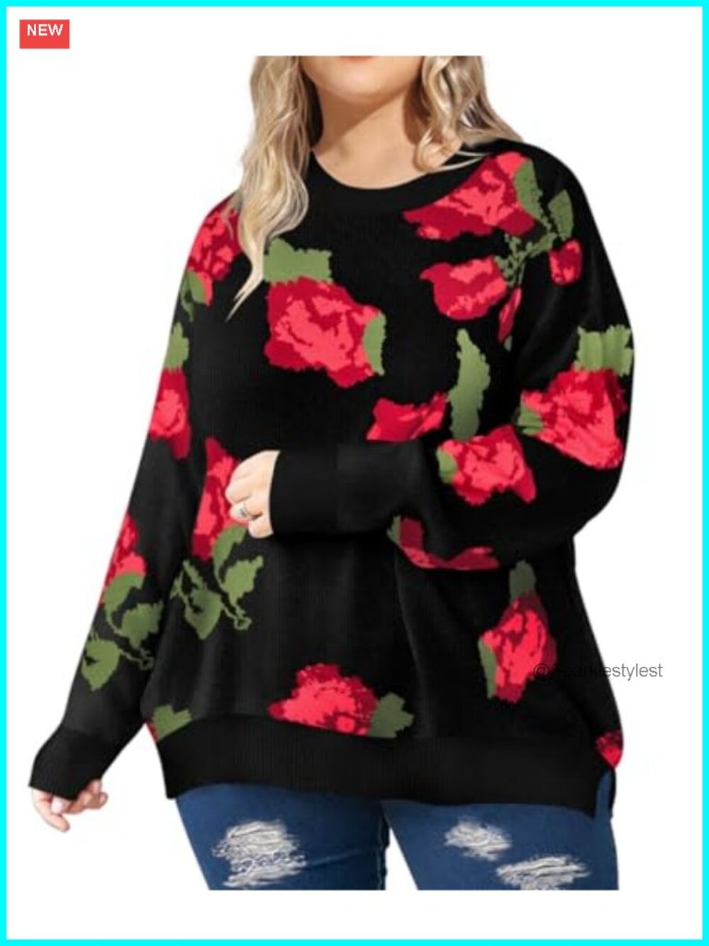 Plus Size Plaid Pullover Sweater Crewneck Side Slit Knit Winter Casual